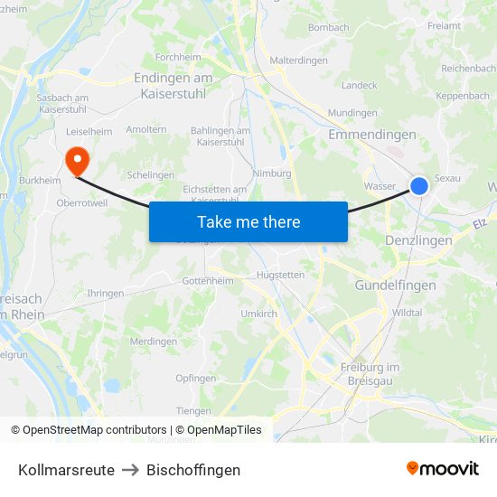 Kollmarsreute to Bischoffingen map