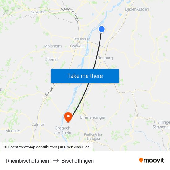 Rheinbischofsheim to Bischoffingen map