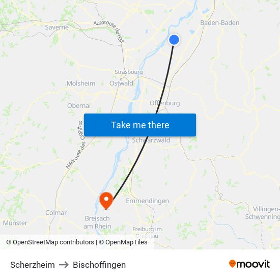 Scherzheim to Bischoffingen map