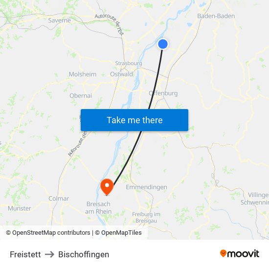 Freistett to Bischoffingen map