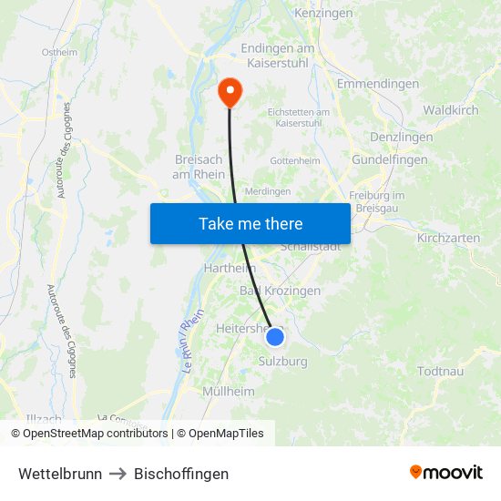 Wettelbrunn to Bischoffingen map