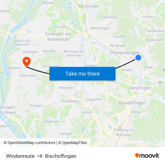 Windenreute to Bischoffingen map