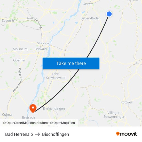 Bad Herrenalb to Bischoffingen map