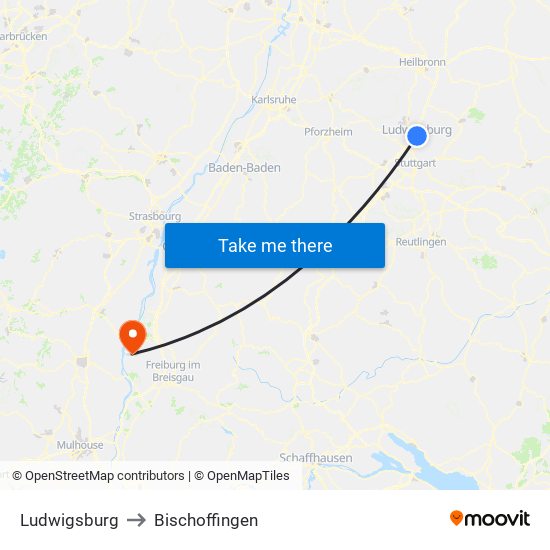 Ludwigsburg to Bischoffingen map