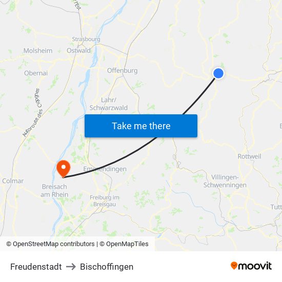 Freudenstadt to Bischoffingen map