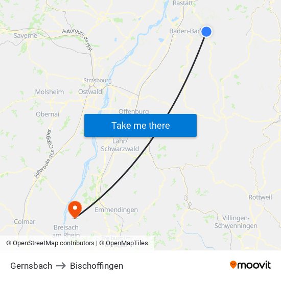 Gernsbach to Bischoffingen map