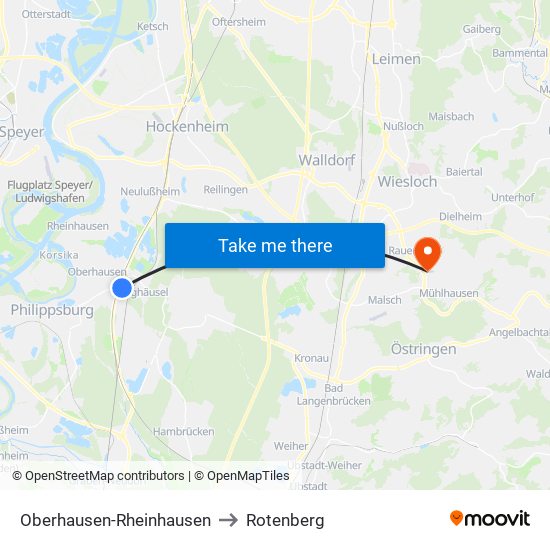 Oberhausen-Rheinhausen to Rotenberg map