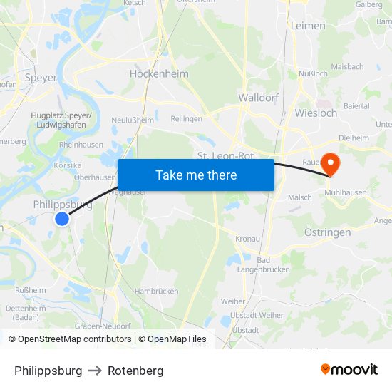 Philippsburg to Rotenberg map