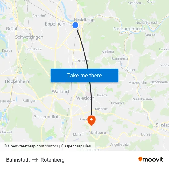 Bahnstadt to Rotenberg map