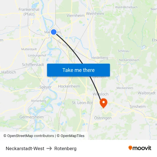 Neckarstadt-West to Rotenberg map