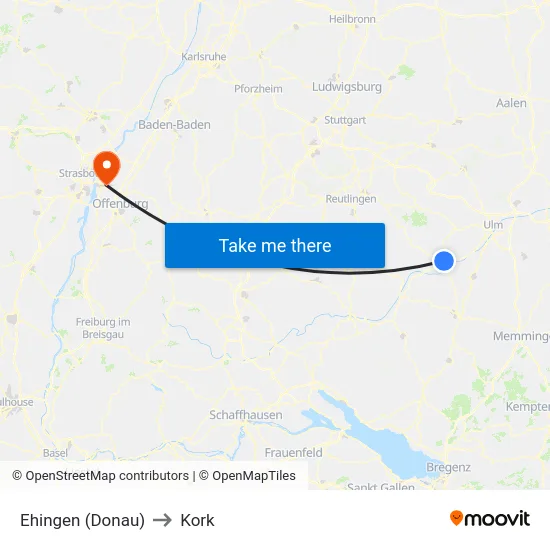 Ehingen (Donau) to Kork map