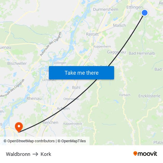 Waldbronn to Kork map