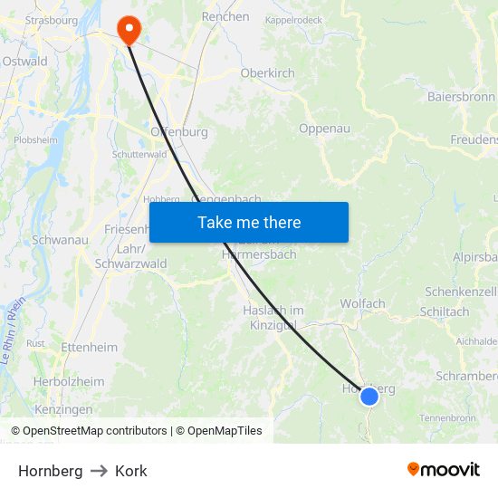 Hornberg to Kork map