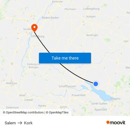 Salem to Kork map