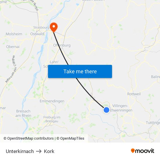 Unterkirnach to Kork map