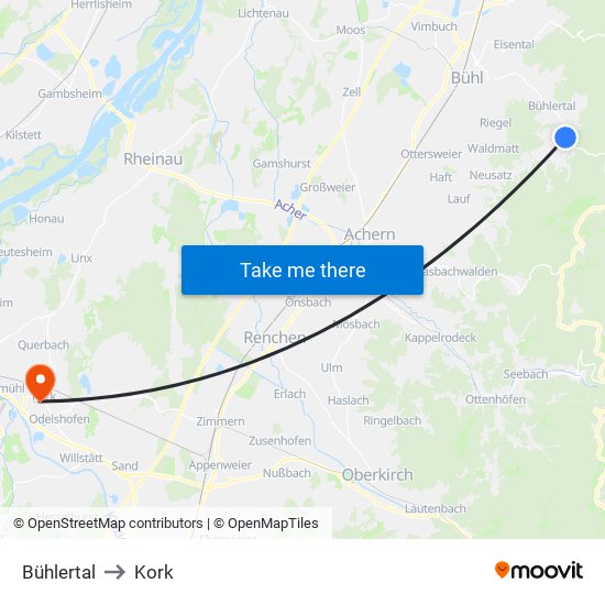 Bühlertal to Kork map