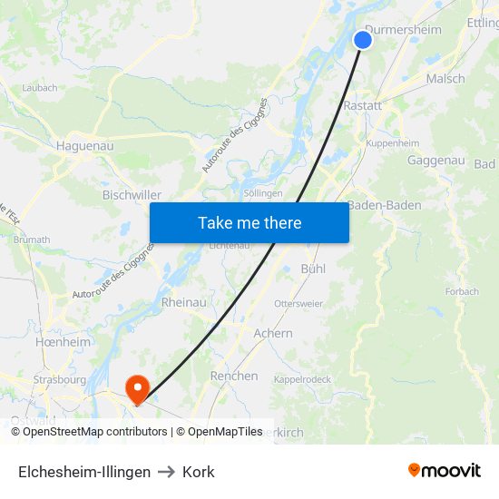 Elchesheim-Illingen to Kork map