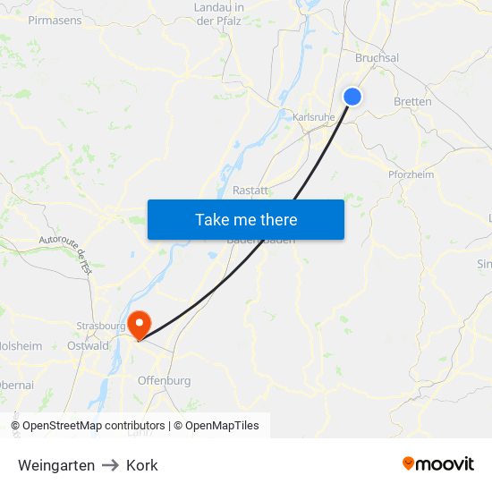 Weingarten to Kork map