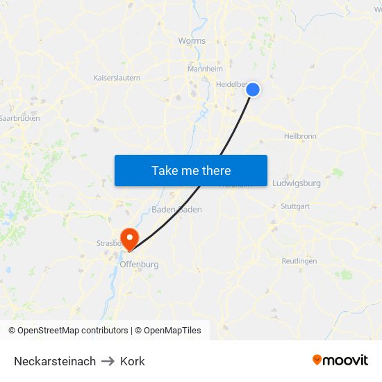 Neckarsteinach to Kork map