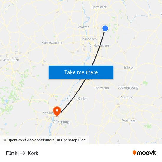 Fürth to Kork map