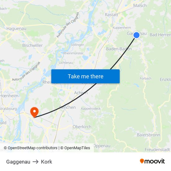 Gaggenau to Kork map