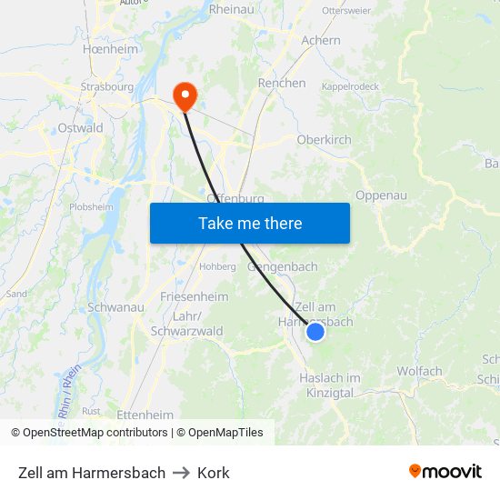 Zell am Harmersbach to Kork map