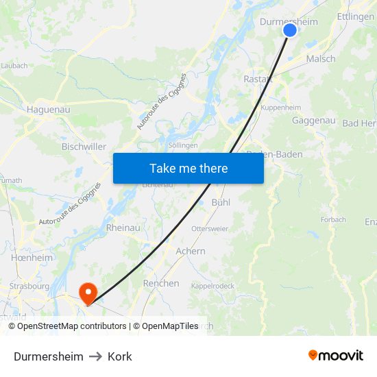 Durmersheim to Kork map