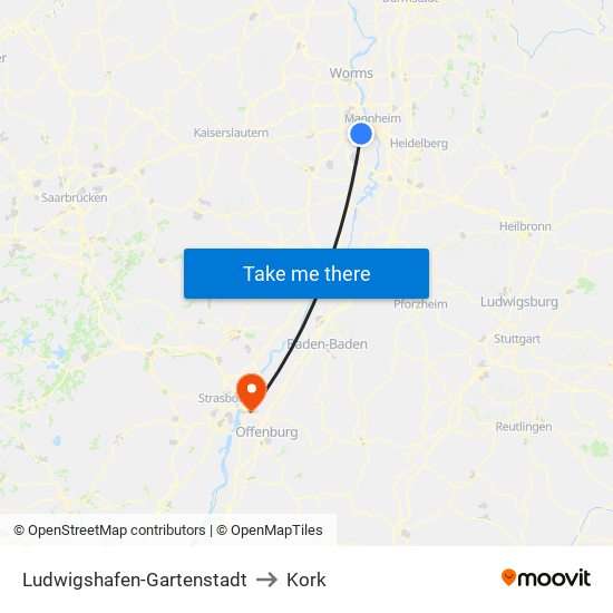 Ludwigshafen-Gartenstadt to Kork map