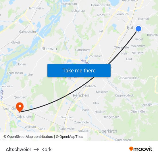 Altschweier to Kork map