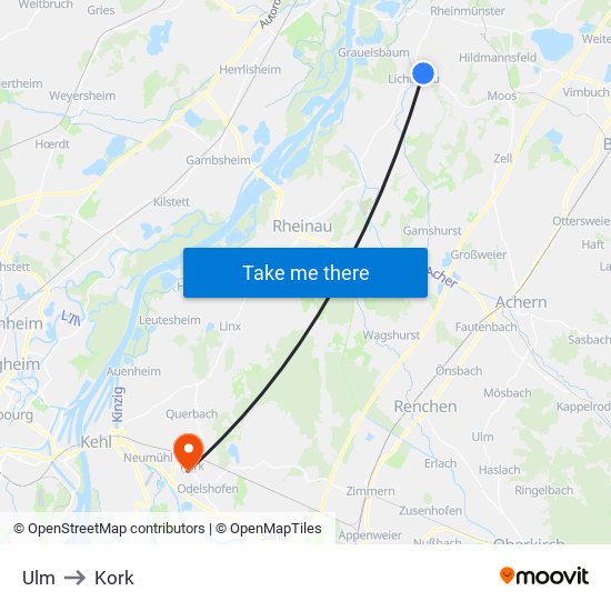 Ulm to Kork map