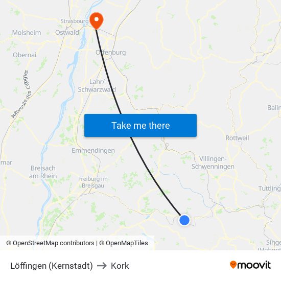 Löffingen (Kernstadt) to Kork map