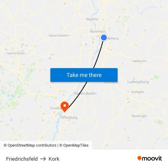 Friedrichsfeld to Kork map