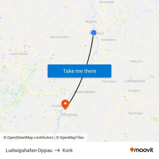 Ludwigshafen-Oppau to Kork map
