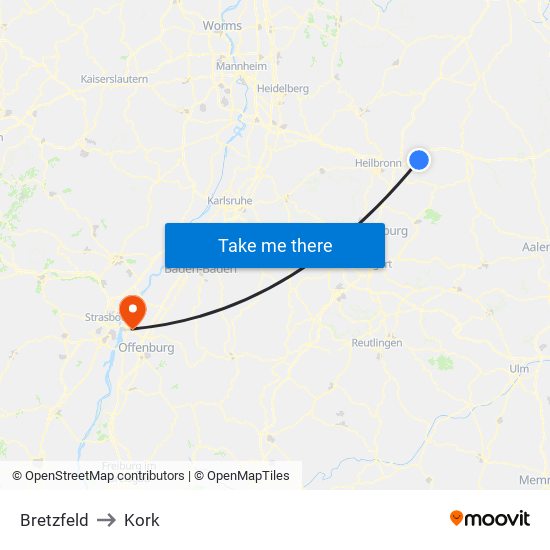 Bretzfeld to Kork map
