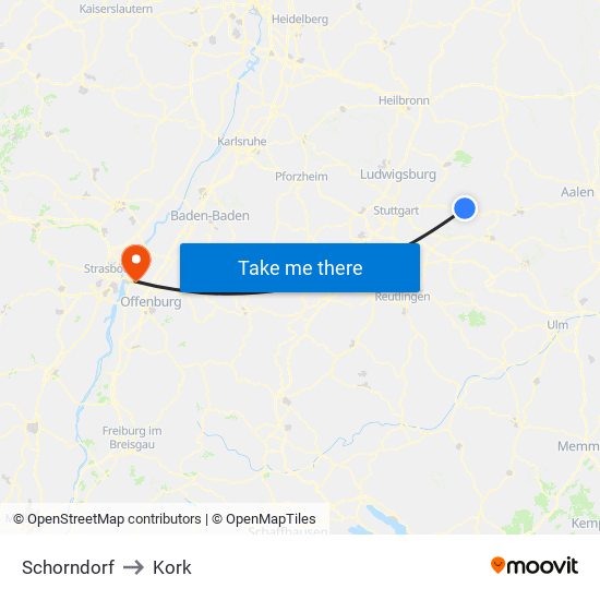 Schorndorf to Kork map