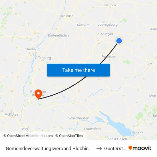 Gemeindeverwaltungsverband Plochingen to Günterstal map