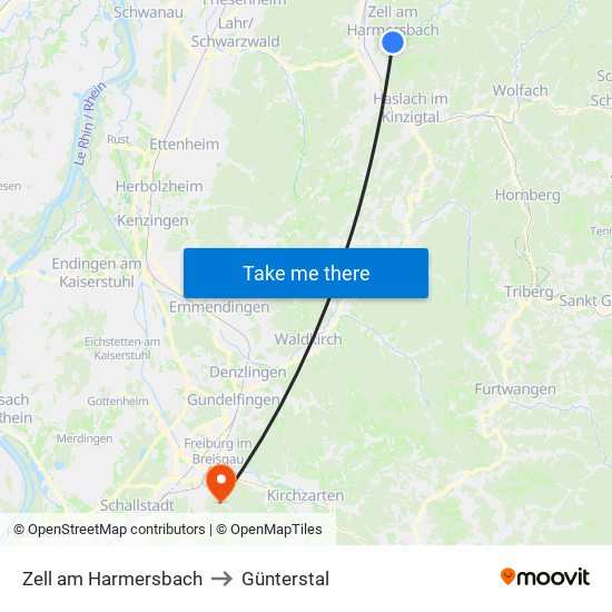 Zell am Harmersbach to Günterstal map