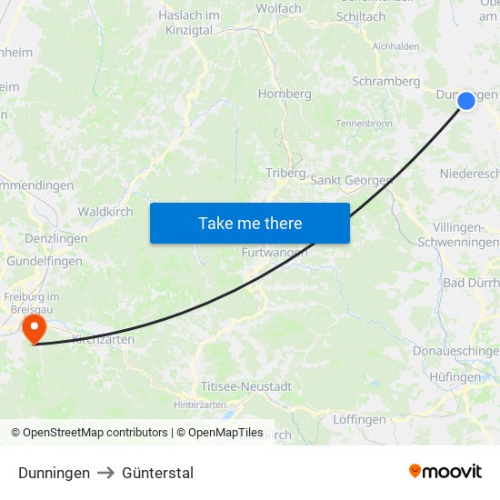 Dunningen to Günterstal map