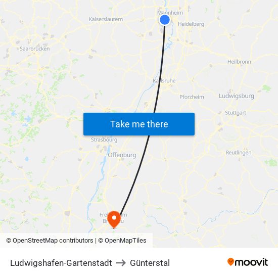 Ludwigshafen-Gartenstadt to Günterstal map