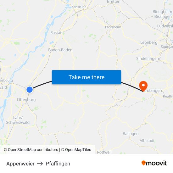 Appenweier to Pfäffingen map