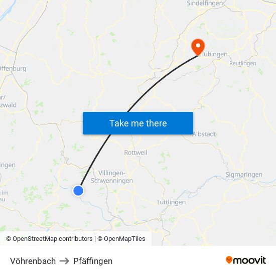 Vöhrenbach to Pfäffingen map