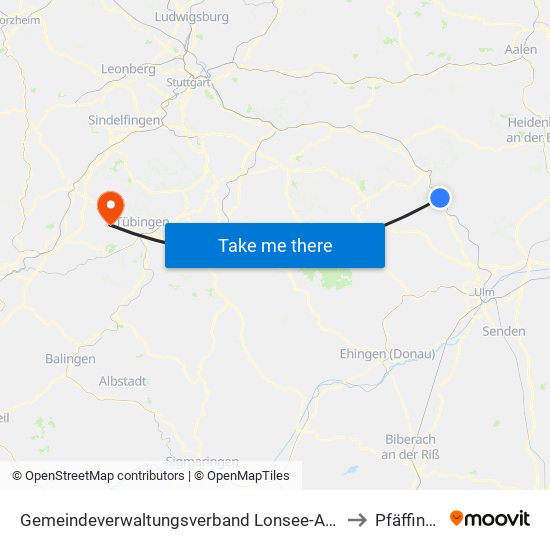 Gemeindeverwaltungsverband Lonsee-Amstetten to Pfäffingen map