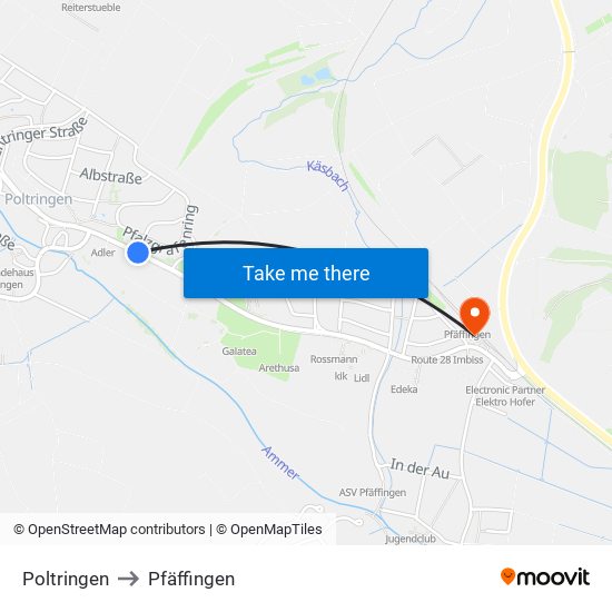 Poltringen to Pfäffingen map