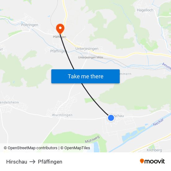 Hirschau to Pfäffingen map