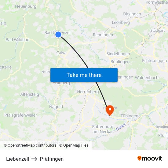 Liebenzell to Pfäffingen map