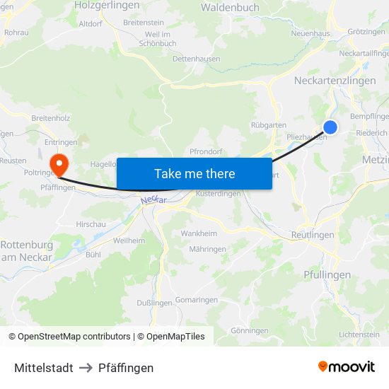 Mittelstadt to Pfäffingen map