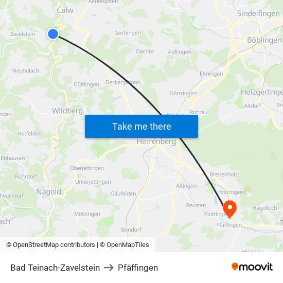 Bad Teinach-Zavelstein to Pfäffingen map