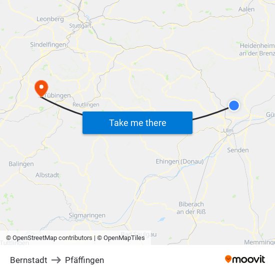 Bernstadt to Pfäffingen map
