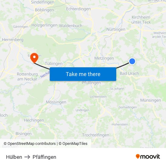 Hülben to Pfäffingen map