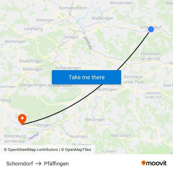 Schorndorf to Pfäffingen map